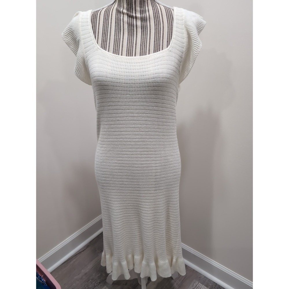 House of Harlow 1960 Cream Knit Midi Dress Flutter Sleeves Ruffle Hem Small‎